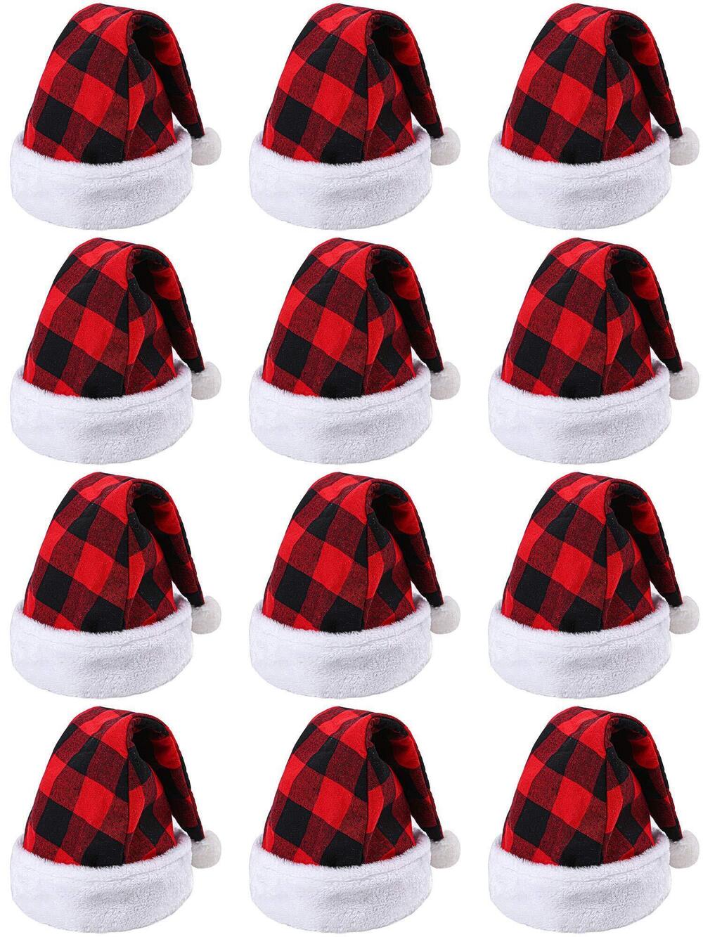 3714 12 Pack Christmas Santa Hat Red and Black Buffalo Plaid Santa Hat